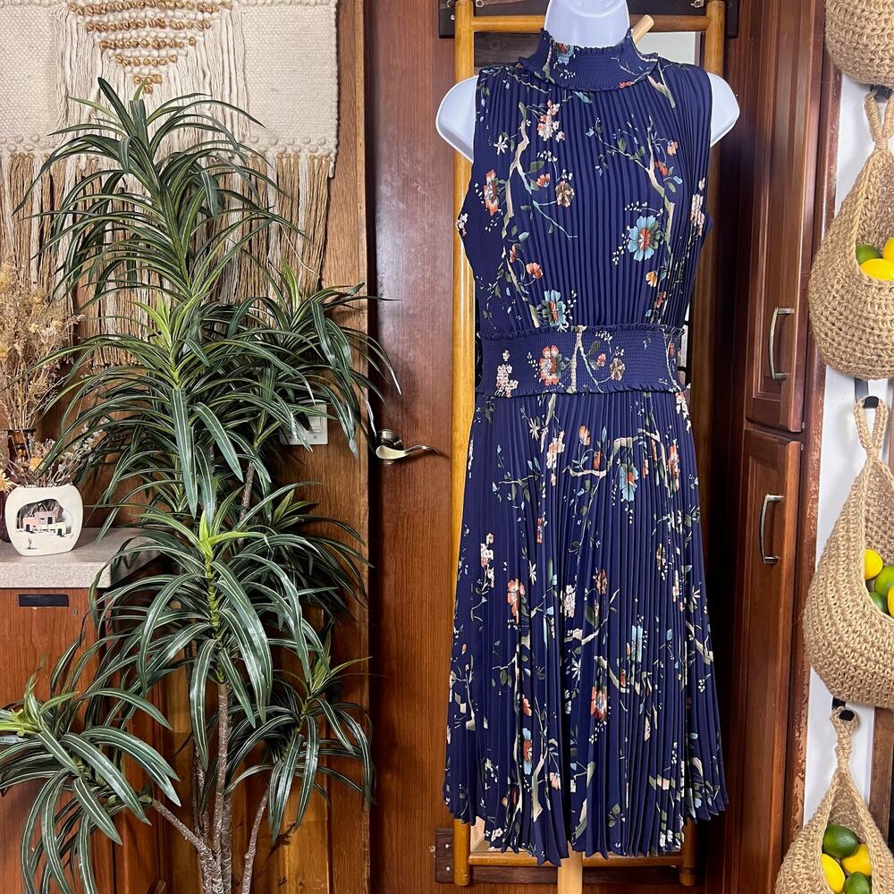 Nanette Lepore Floral Pleated Midi Dress 10 Blue Smocked High Neck Wedding Guest